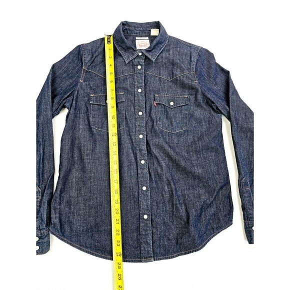 Levi's Classic Size Small Women Blue Pearl Snap Logo Tag Long Sleeve Denim Shirt - Picture 10 of 13